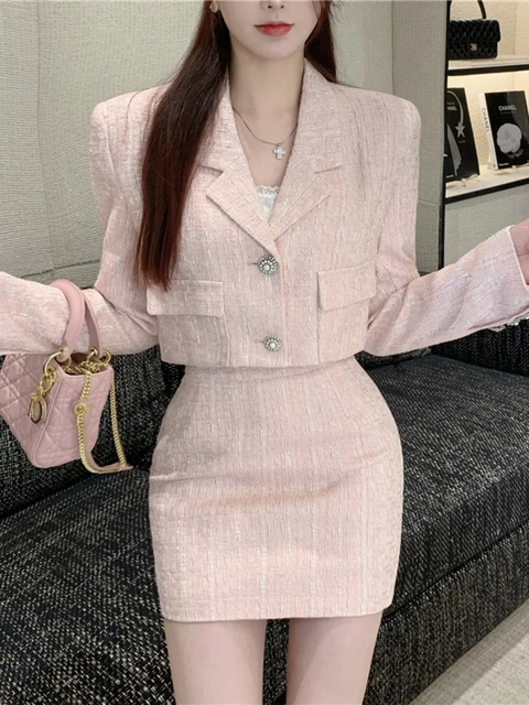 High Quality Tweed Two Piece Set Women Woolen Jacket Coat Crop Top