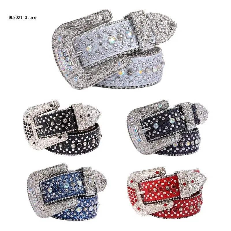 

Rhinestones Studded Western Leather Belt Bling Waist Belts for Dresses Pants