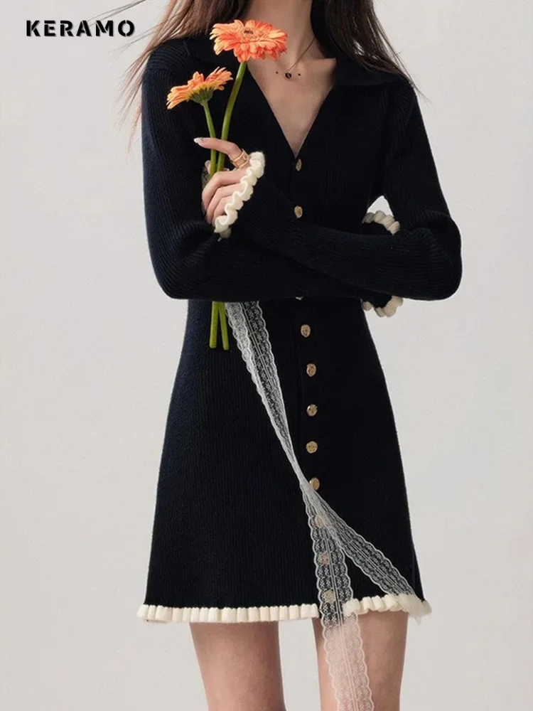 2025 Autumn Winter French Old Money Long Sleeve Knit Dress Women 2000s  V-Neck Frock Mini One-Piece Vintage Coquette Elegant - AliExpress 200000345