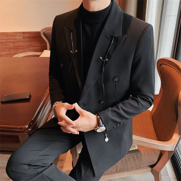 men's blazers Decorate Bandage Blazer Homme Fall Winter Mens Stylish Blazer British Fashion Double Breasted Solid Color Casual Suit Coat coat suit for men