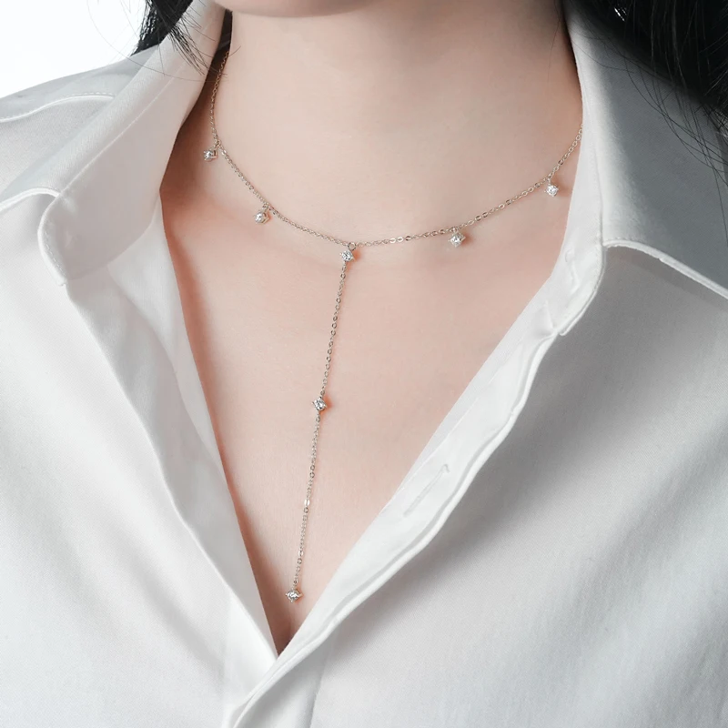 New 3mm Moissanite Necklace 925 Silver Adjustable Chain Long Tassel Y Shape Necklaces for Women Trendy Fine Jewelry Gift