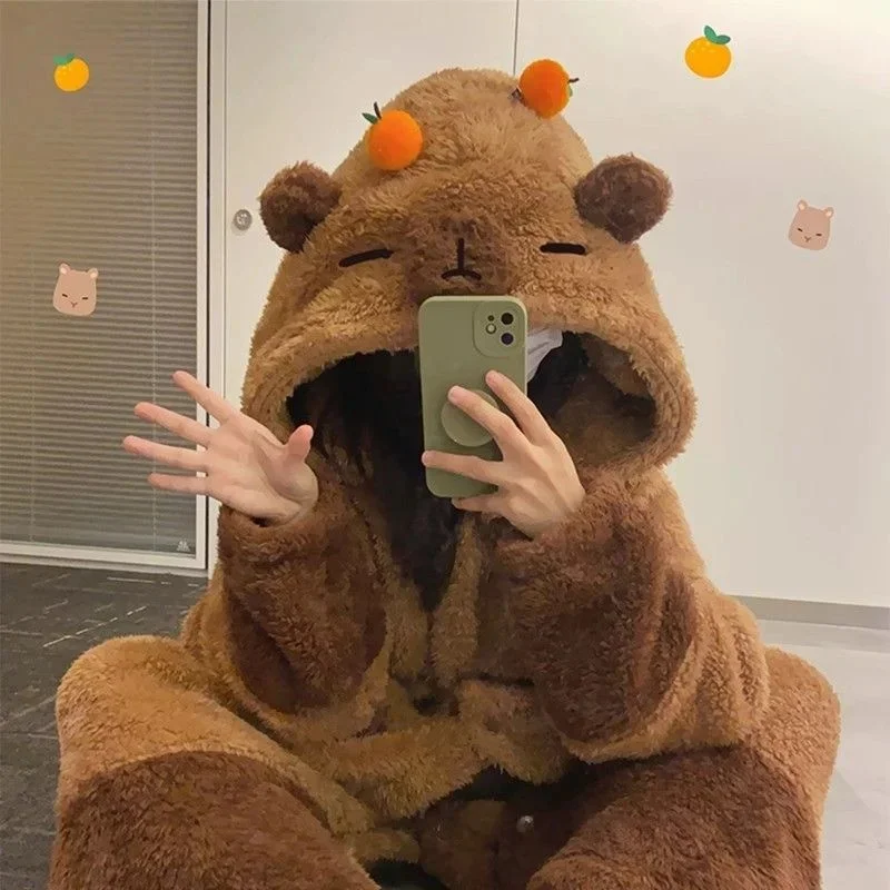 

Capybara Coral Velvet Pajama Soft Cute Animals Shape Blanket Office Nap Wearable Loose Warm Pajamas Pants Full Set For Adults