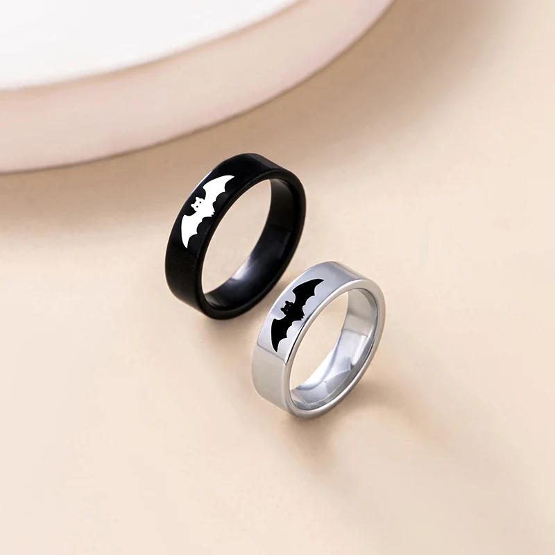 Yin Yang Bat Stainless Steel Couple Rings Punk Black Silver Color Vampire Ring For Women Men Halloween Jewelry 3