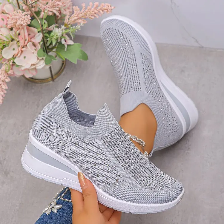 Damen-Sneaker mit Strass-Verzierung und Keilabsatz, Slip-On, Atmungsaktive Walkingschuhe, Bequeme Plateau-Keilabsätze für Alltägliche Freizeitkleidung – Detail 11
