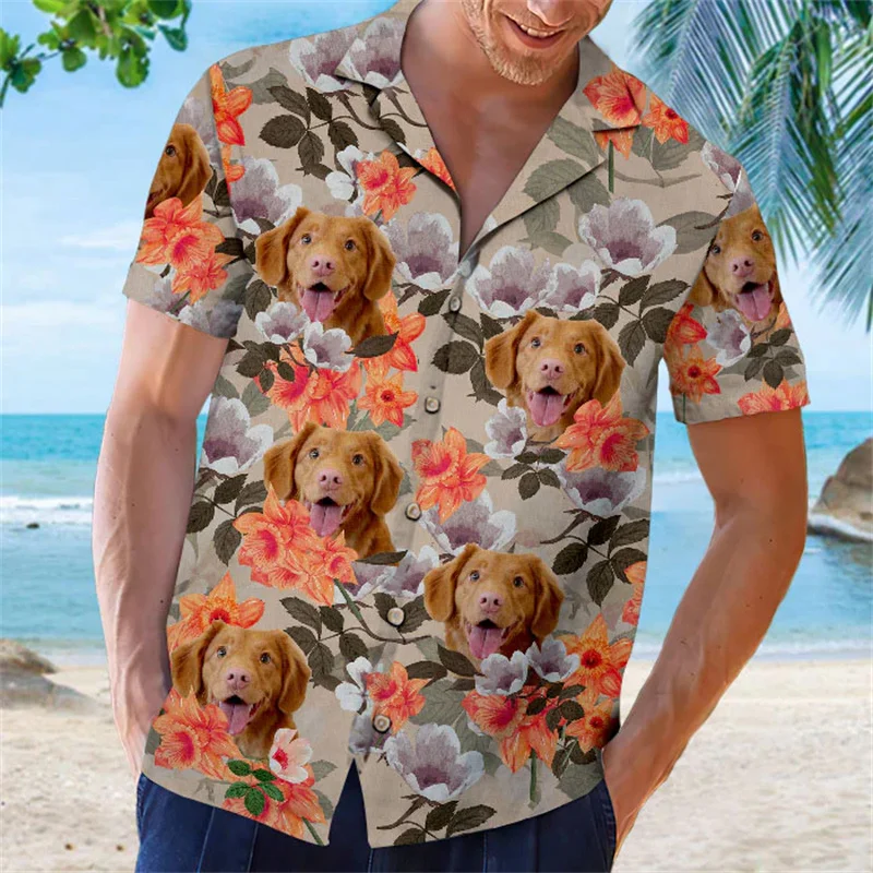 thumbnail image 1 of Camisa hawaiana unisex personalizada con estampado floral navideño para perros y gatos, camisetas de vacaciones en la playa con cara linda, camiseta de manga corta para hombres y mujeres, 1 of 5
