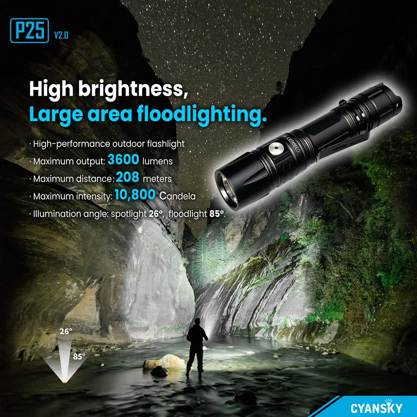 

Cyansky P25 V2 Tactical Flashlight 3600 Lumens Aluminum Strong Light Highlights Duty Flashlights Portable Rechargeable