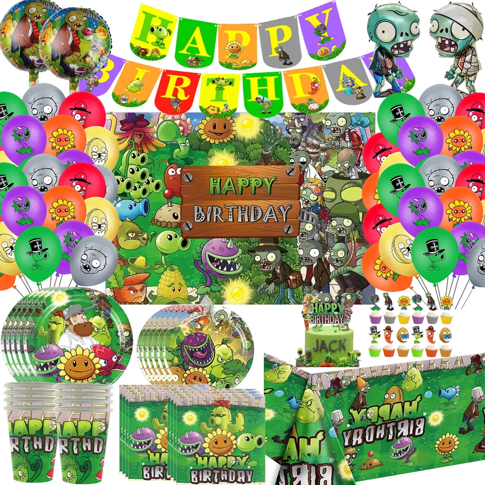 Set Decorazioni Per Festa A Tema Zombie E Piante – 30 Pezzi: Striscione, Topper Per Torta, Palloncini
