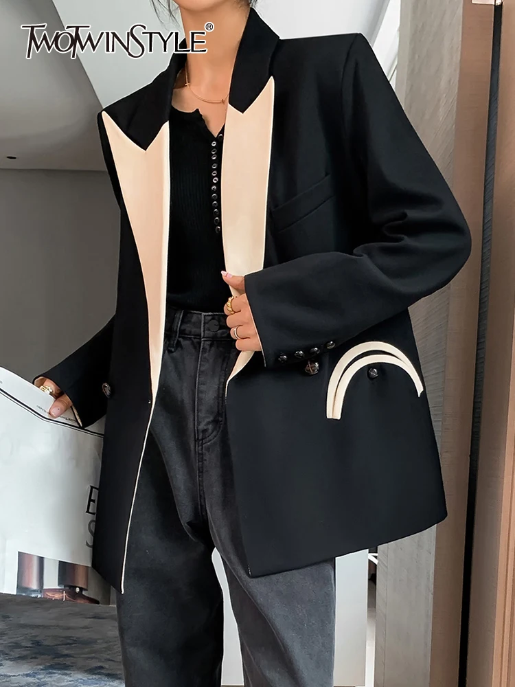 

TWOTWINSTYLE Black Blazers For Women Notched Long Sleeve Loose Patchwork Pocket Temperament Blazer Females Autumn Clothing New