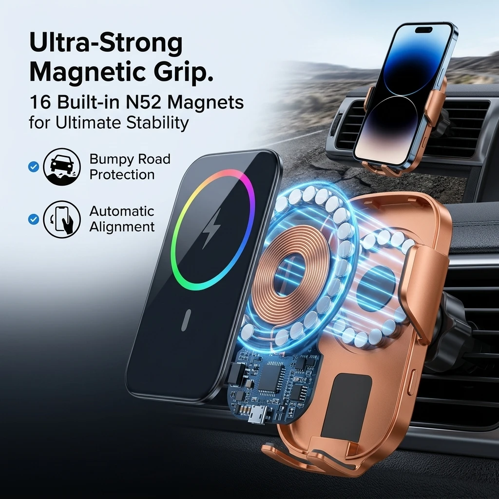 Magnetic Wireless Car Charger with Fast Charging and 360° Rotating Universal Mount