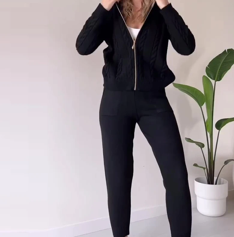 Women's Two-Piece Suit Fried Dough Twists Pattern Hooded Zip Top Casual Home Suit 2024 Early Spring Simple Style Long Pants Suit