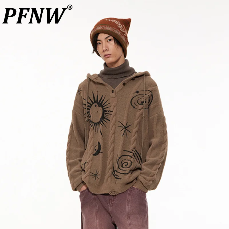 

PFNW Autumn Winter New Niche Design Hooded Sweater For Men Loose Woolen Print Pullover Tide Chic High Street Fashion Top 12Z4885