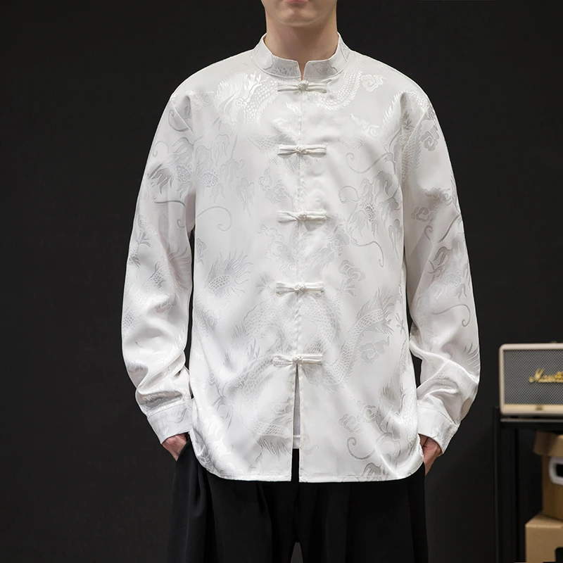 Long Sleeve Shirt Men Casual Shirt Silk Shirt Spring Summer Men's Chinese Shirt Satin Silk Vintage Coat Hanfu Tops Ethnic Style Clothing Tang Collar Shirt