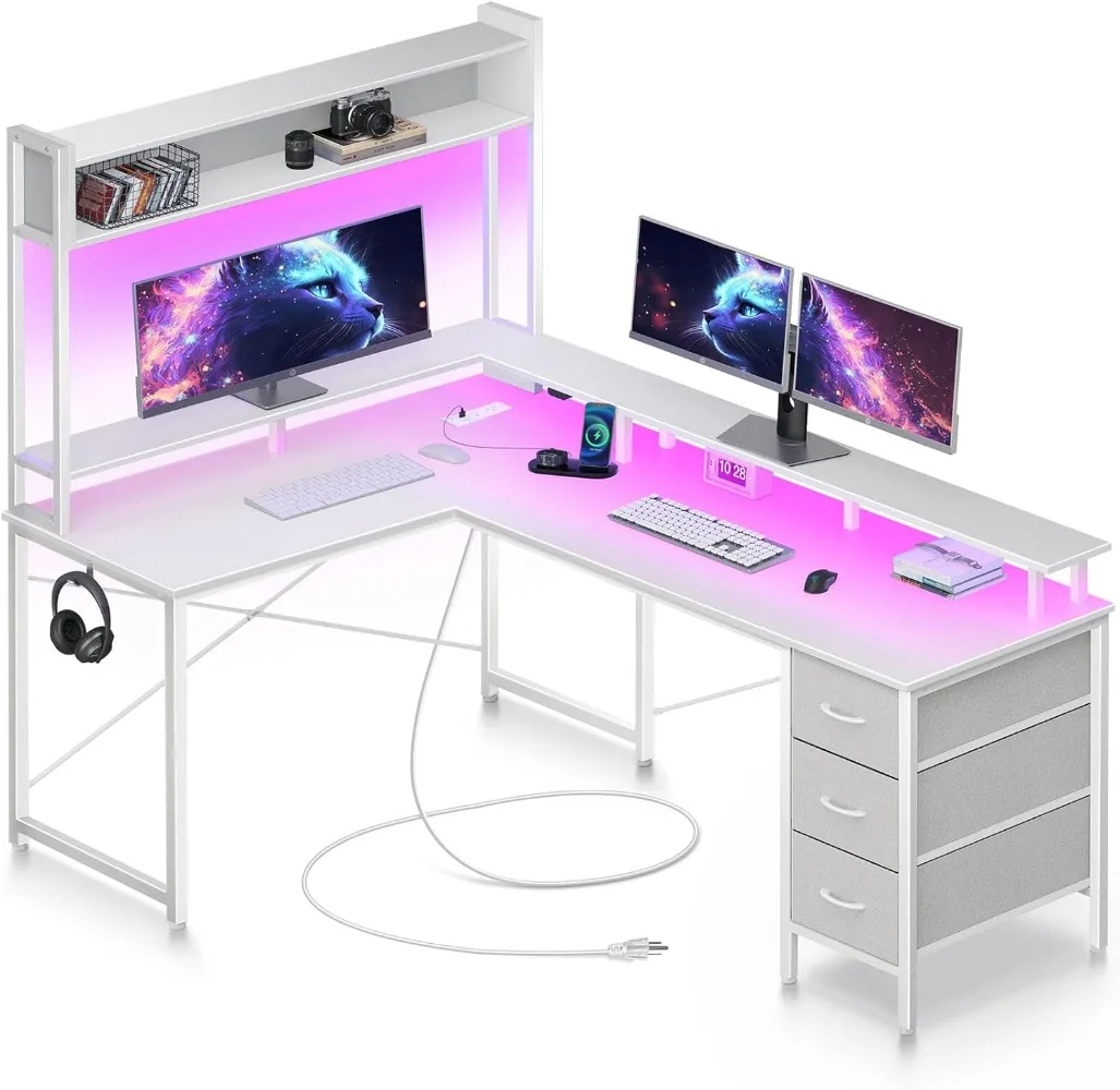 

Seventable Computer Desk L Shaped with LED Lights & Power Outlet, 56" Reversible Gaming Desk with 3 Drawers & Storage Hutch