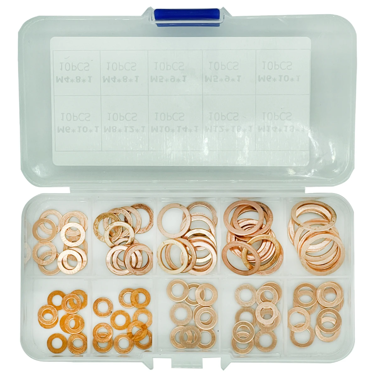 Sealing Washers Copper Gasket Combination 100Pcs Copper Washer Gasket Nut And Bolt Set Flat Ring Seal Assortment Kit With Box M4/M5/M6/M8/M10/M12/M14 For Sump Plugs