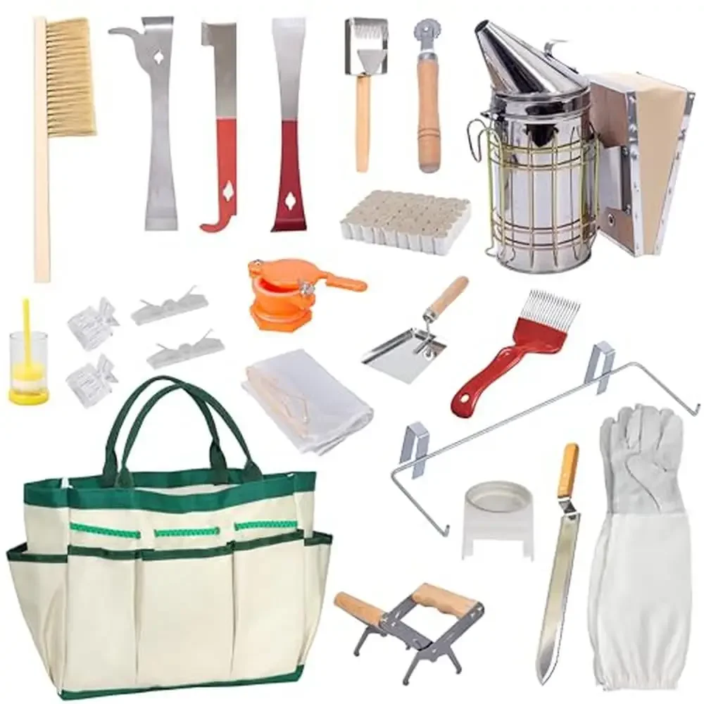 22PCS Beekeeping Tools Kit Beehive Checking Honey Harvesting Queen Bee Marking- Durable Stainless Steel Nylon Plastic Wood