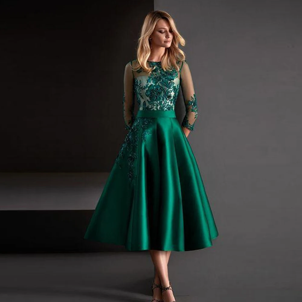 Green Satin Mother Of The Bride Dresses Tea Length Evening Dresses ...