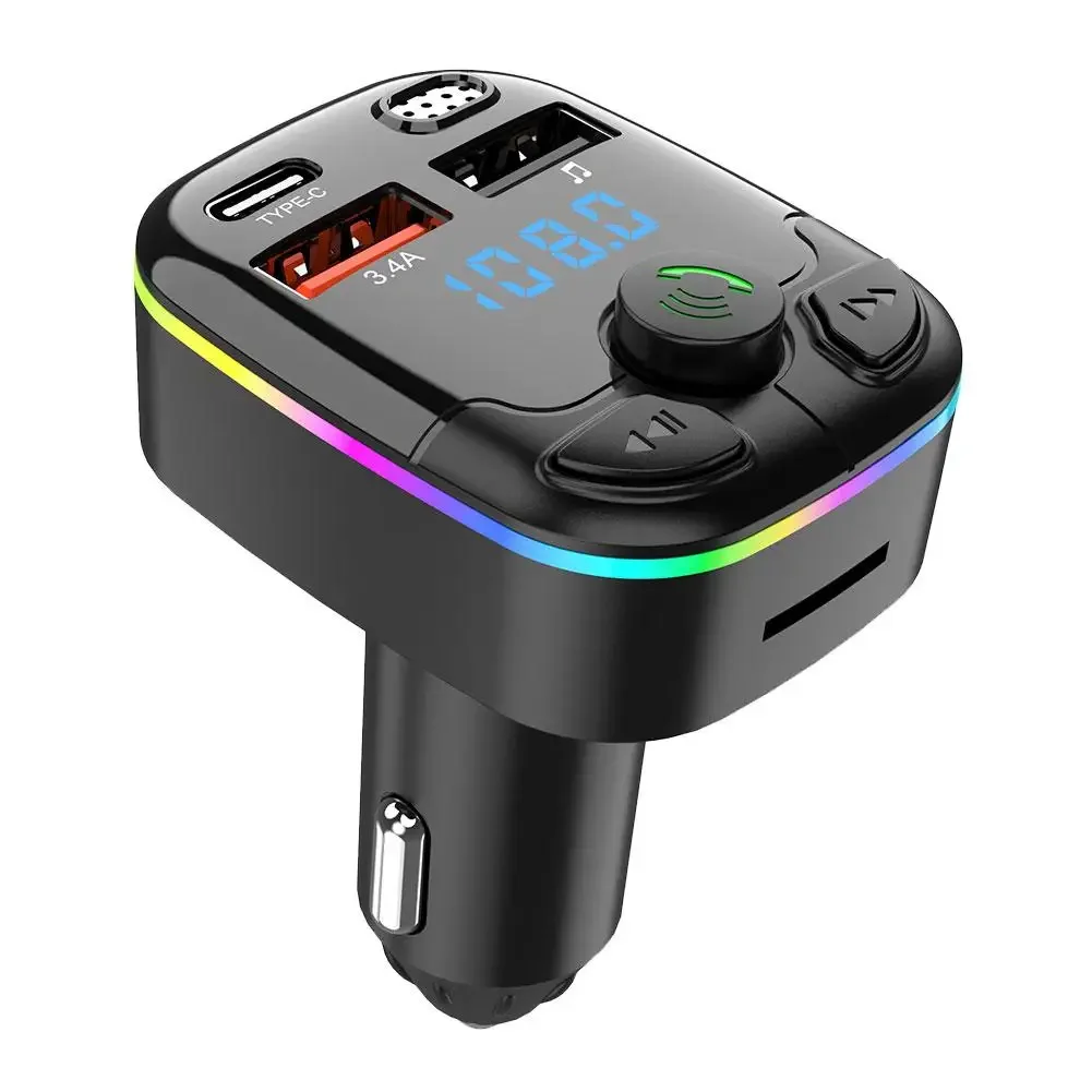 Car Bluetooth 5.0 FM Transmitter Dual USB 3.1A PD Type-C Fast Charging Car Charger Colorful Ambient Light Kit For iPhone Samsung