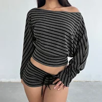 Tenue d'été 2 pièces pour femmes, ensemble élégant, manches longues, épaules dénudées, haut court rayé et short à taille élastique, vêtements Y2k, automne 1