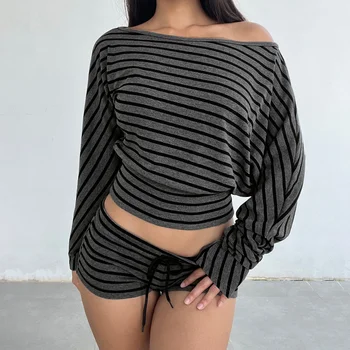 Women Summer 2 Piece Outfits Fall Stylish Long Sleeve Off Shoulder Striped Crop Tops and Elastic Waist Shorts Set Y2k Clothes 1