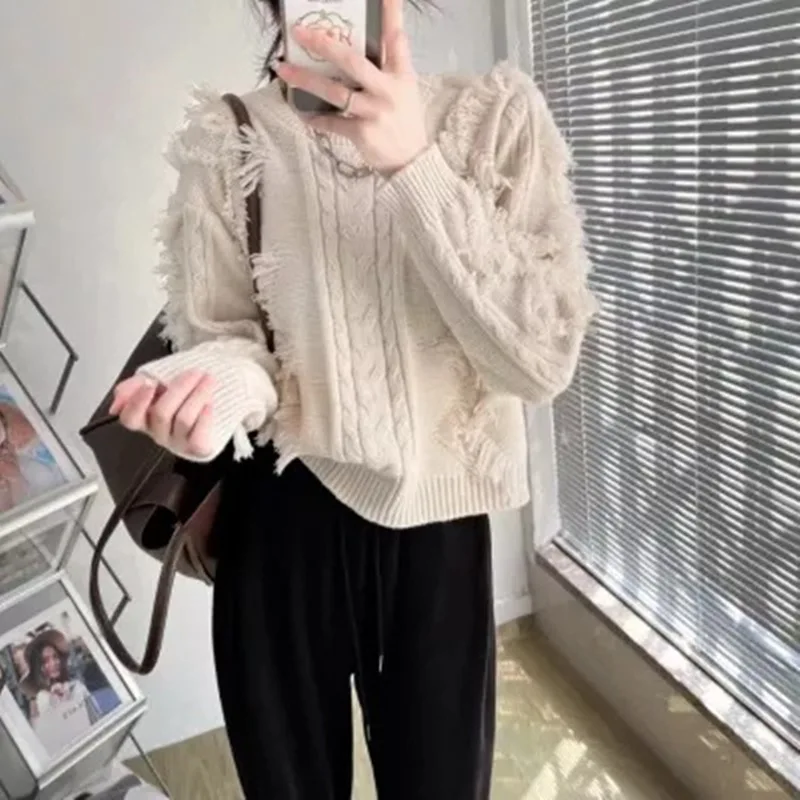

Tassel ruffled Fried Dough Twists sweater women's autumn and winter new style lazy style knitwear top