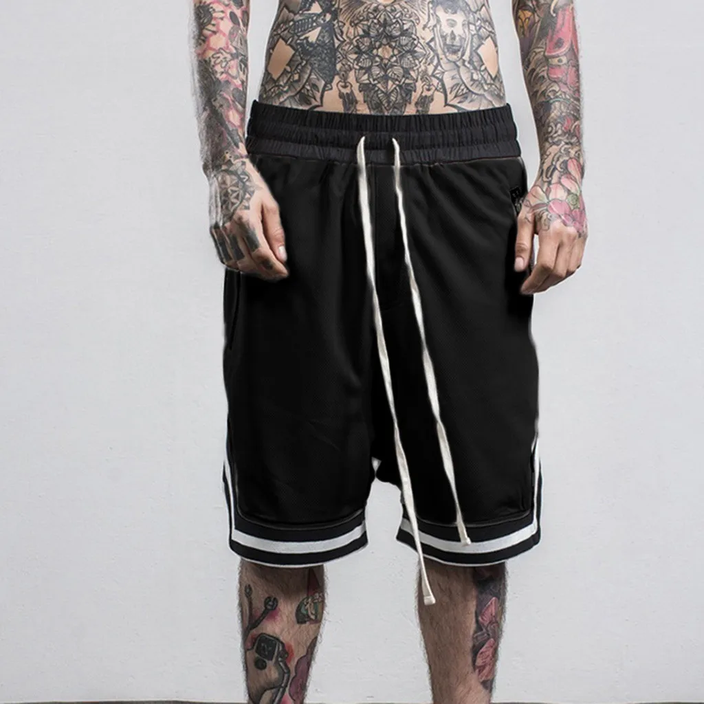 

Youth Stylish Basketball Trunks For Men Classic Solid Color Striped Patchwork Sports Shorts Drawstring Elastic Waist Trousers