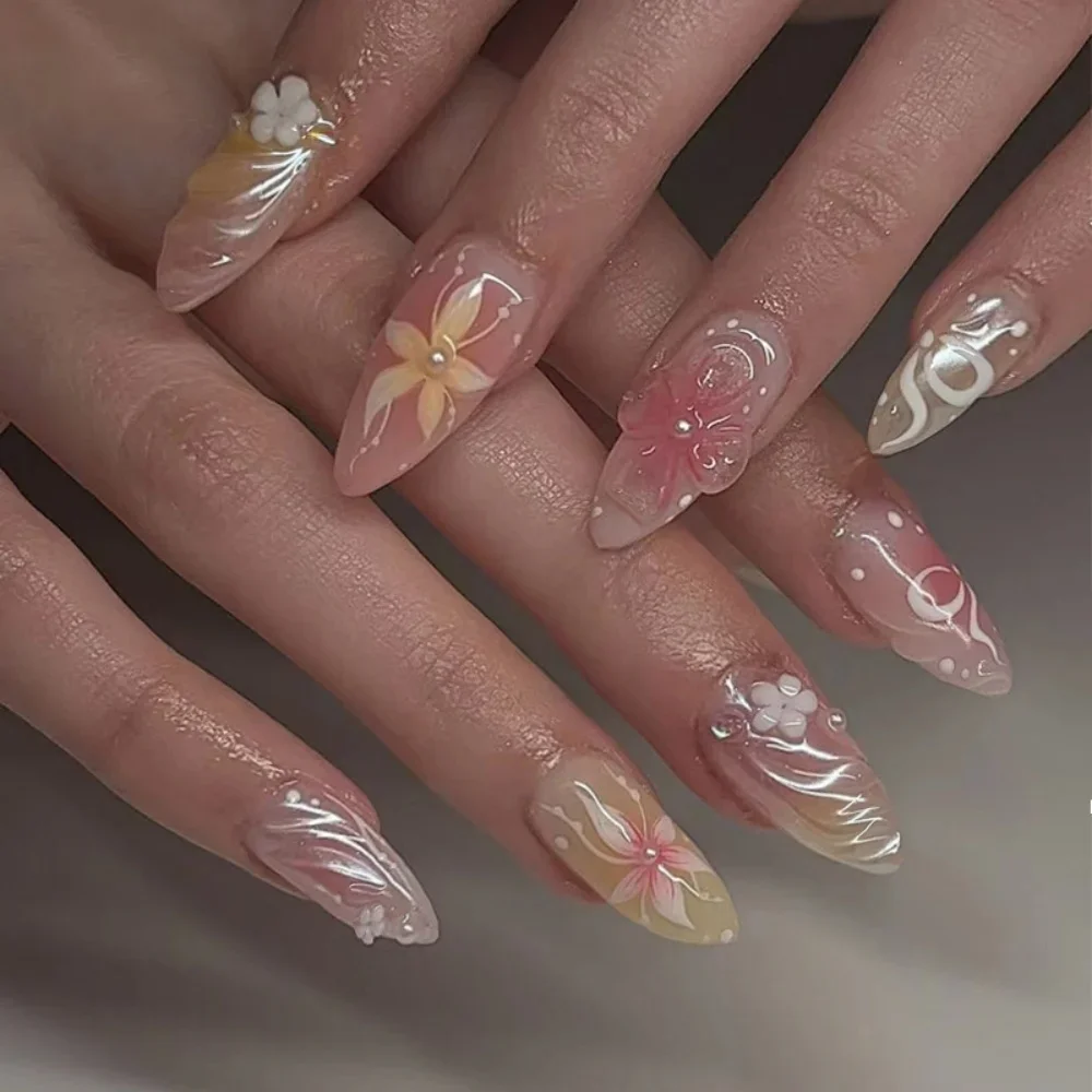 24pcs Fake French Nail Tips Almond Wearable Simple Flower Gold Beads Design Diamond Manicure Set
