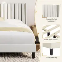 Queen Bed Frame Upholstered Platform Bed with Fabric Headboard, Wing Edge Design NonSlip and NoiseFree Wooden Slats Support No 3