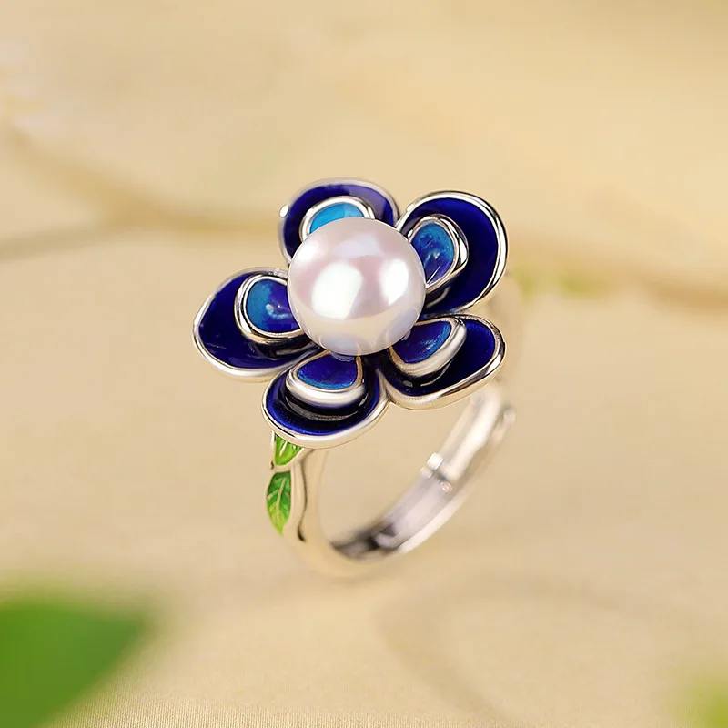 

Dainty South Sea Natural White AAAA 8mm Real Pearl Handmade 925 Silver Cloisonne petal Ring Adjustable Size Free Shipping