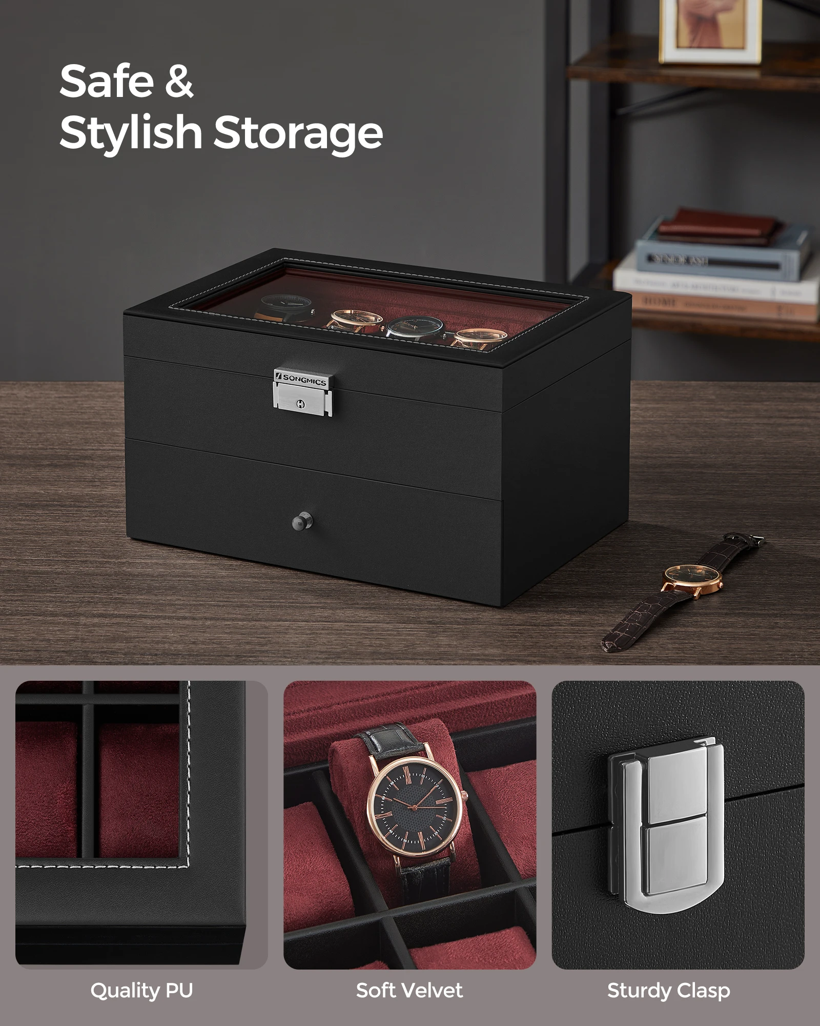 20-Slot Two-Layer Watch Box with Lockable Glass Lid, Velvet-Lined Watch Display Case, R... - SKU JDC00957 - UGI Packaging