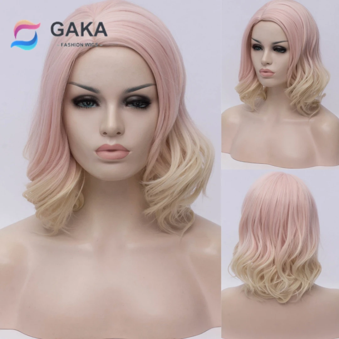 GAKA Synthetic Gradient Pink Shoulder Length Straight Wig for Black African Women Role Play Everyday Natural Hair Wigs Heat Resi