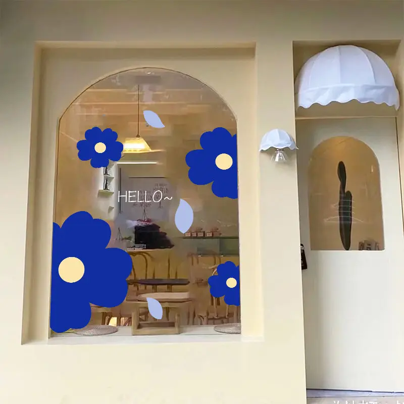 

DIY Blue Decorative Films Glass Door Window Stickers Flower Shops Coffee Milk Tea Store Posters Household Kitchen Bathroom Decor