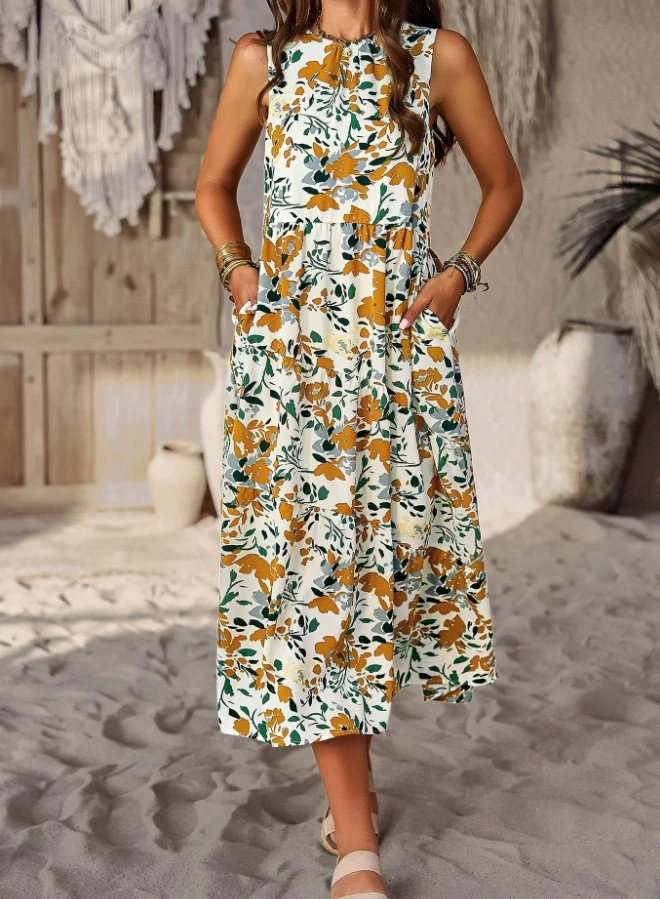 

Женское свободное платье без рукавов, повседневное элегантное платье с круглым вырезом, лето 2024