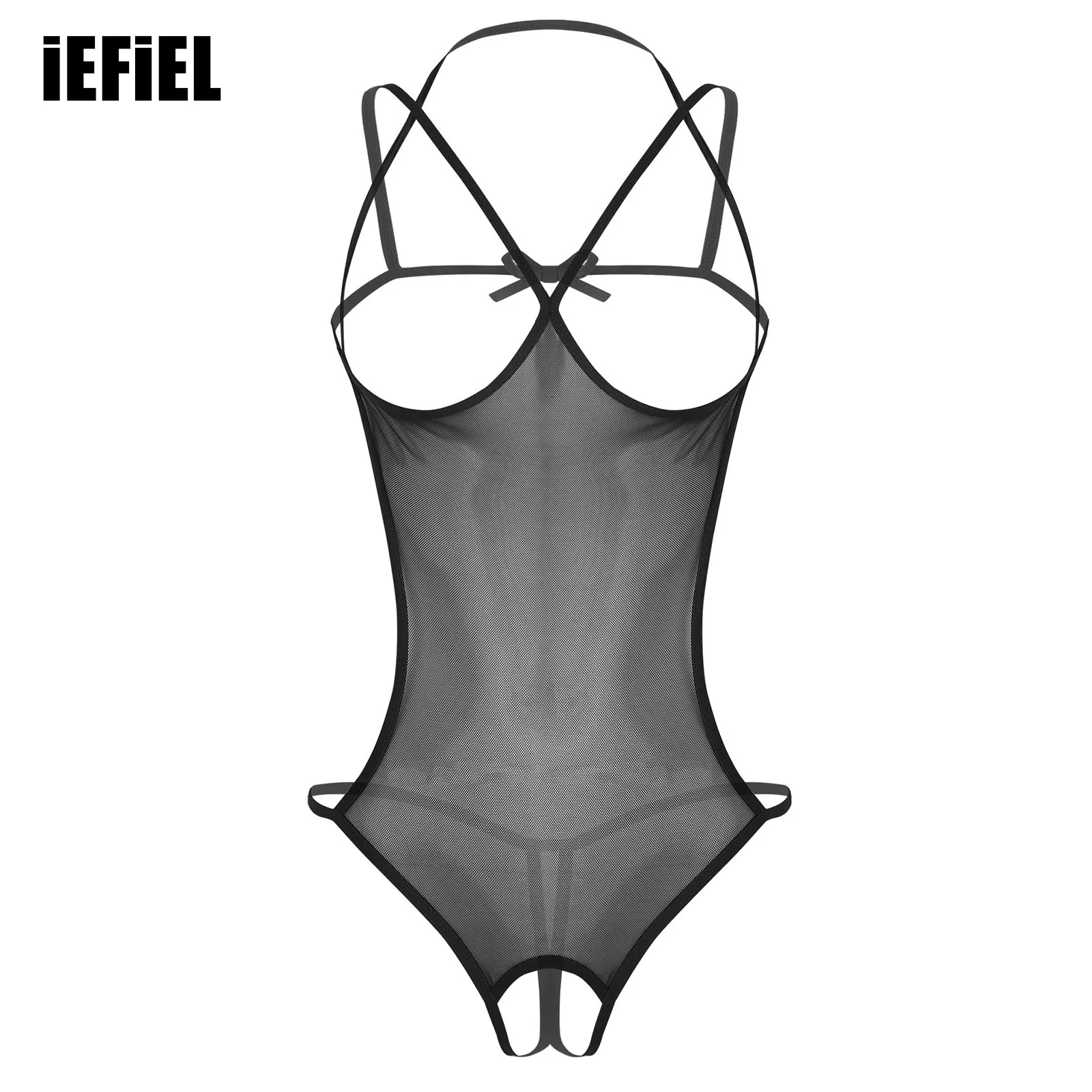 

Women See-through Mesh Crotchless Bodysuit Hollow Out Halter Backless Leotard Lingerie Nightwear