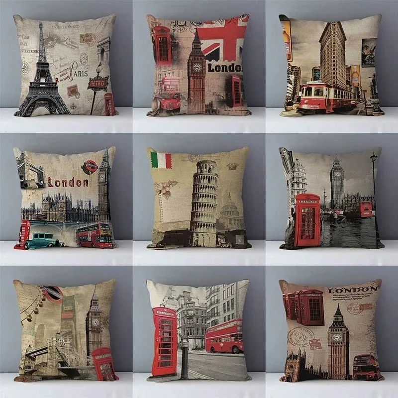 

Sofa Pillow Covers Decorative Vintage London Cotton Linen Pillowscase Red Phone Booth Pillows Case for Living Room Bedroom Bed