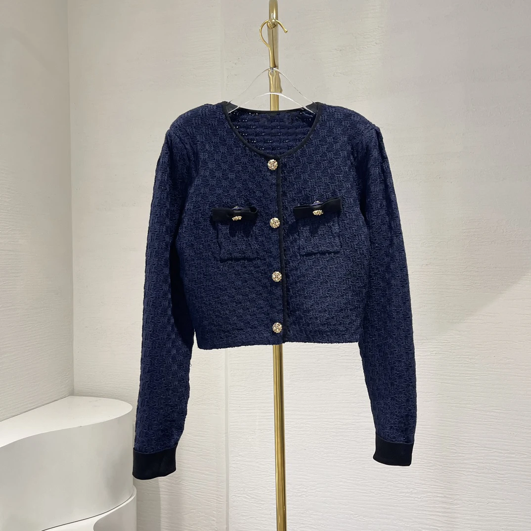 Navy Blue Long Sleeve Cardigan Tops Front Buttons Closure O-Neck Woman Clothes New High Quality