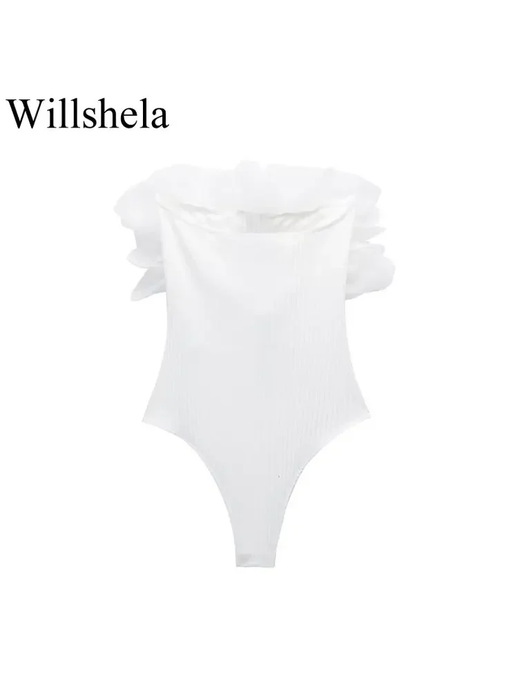 Willshela 여성 패션 골지 바디 수트, 오간자 러플 포함, 빈티지 고탄성 섹시 y2k 여성 시크 레이디 상의, 바디 팜므