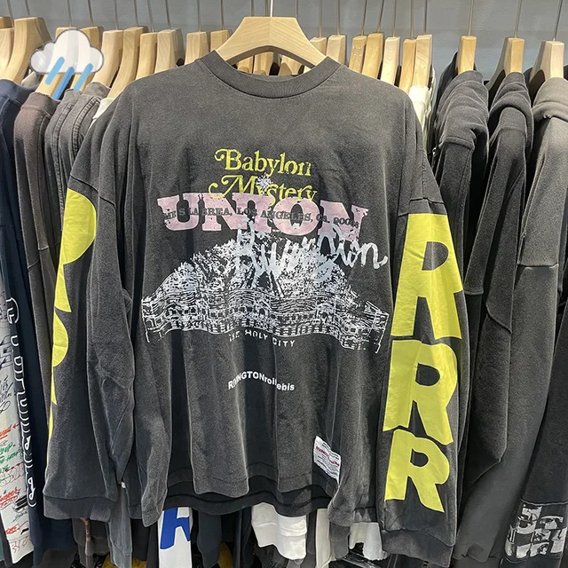 Meilleure qualité coton Vintage lavé noir surdimensionné à manches longues T-Shirt lettres graphiques impression jaune Logo RRR123 T-Shirt étiquettes 1