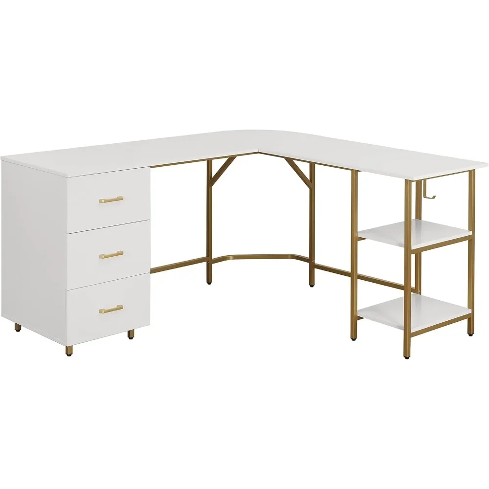 L Shaped Desk-Two-Toned Computer Desk with Drawers & Storage Shelves-Simple Modern Furniture & Home Office