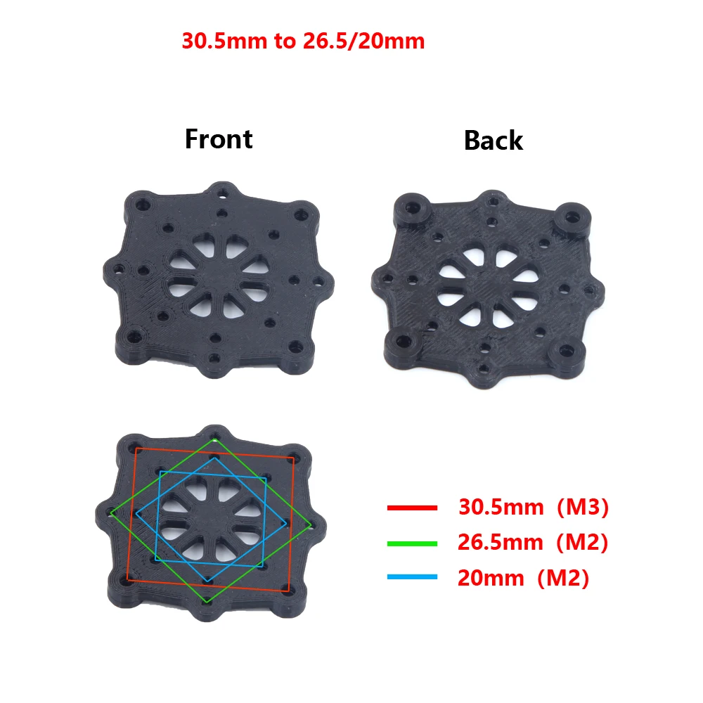 Adaptateur imprimé 3D en TPU flexible, compatible avec trous 26.5mm, 25.5mm et 20mm pour montage sur drone FPV.