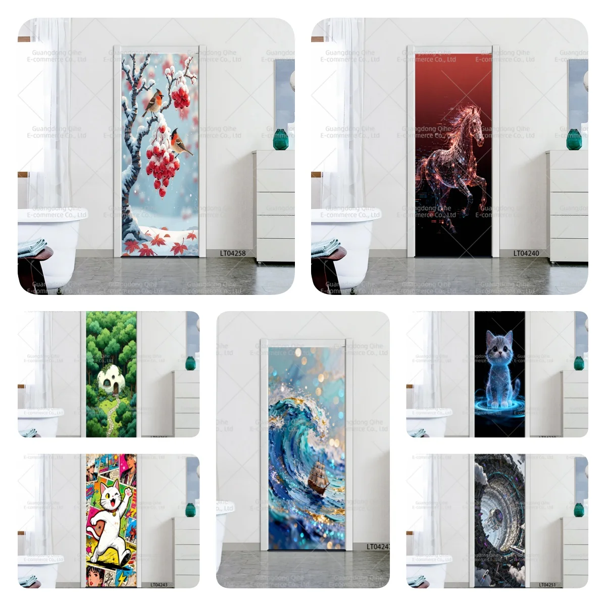 자체 접착 방수 독특한 풍경 및 귀여운 동물 PVC 도어 스티커, 내마모성 홈 ..