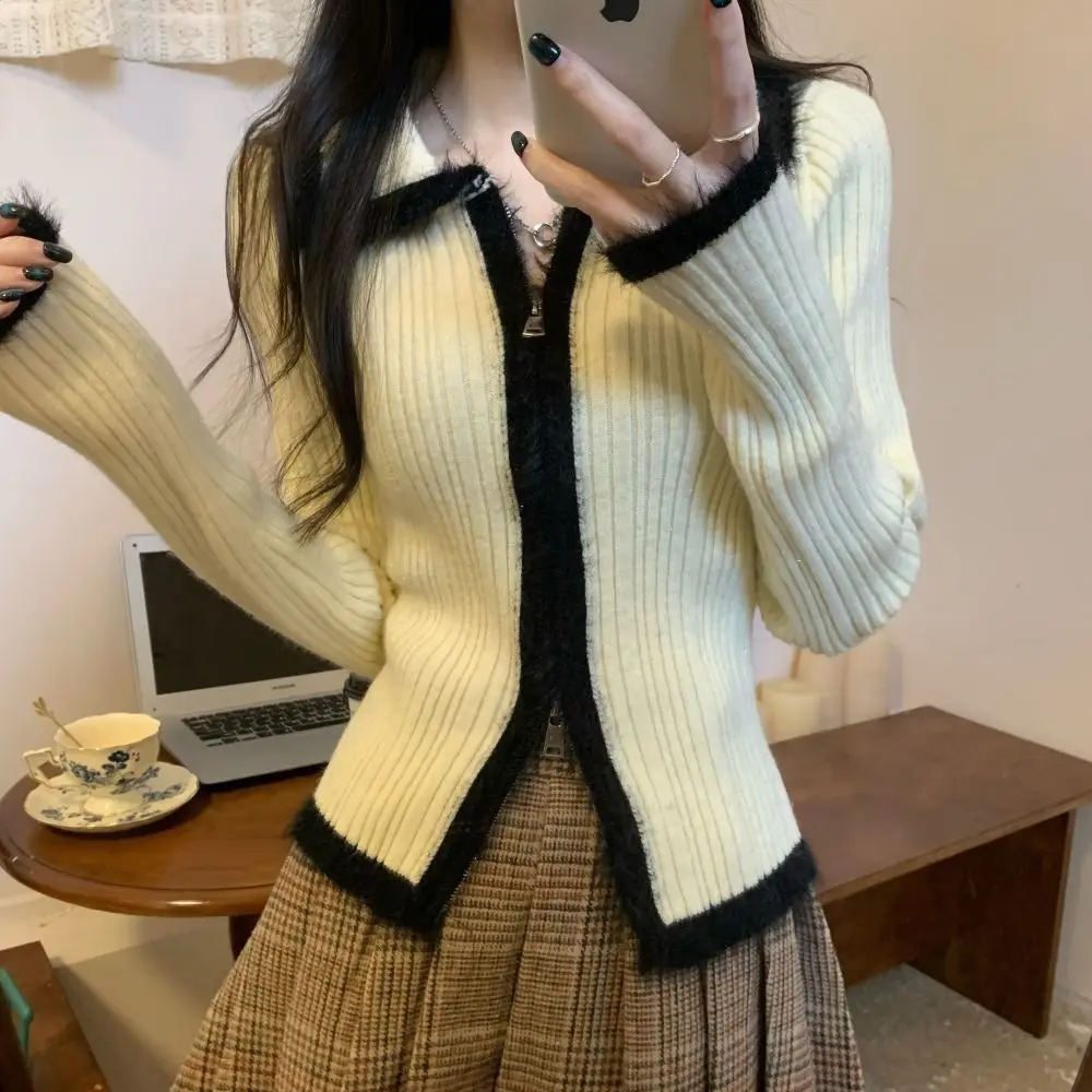 Color Blocking Patchwork Woolen Gestrickte Basis Pullover für Frauen Retro Stil Revers Slim Fit Pullover Jacke Kurze Strickjacke Top – Detail 18
