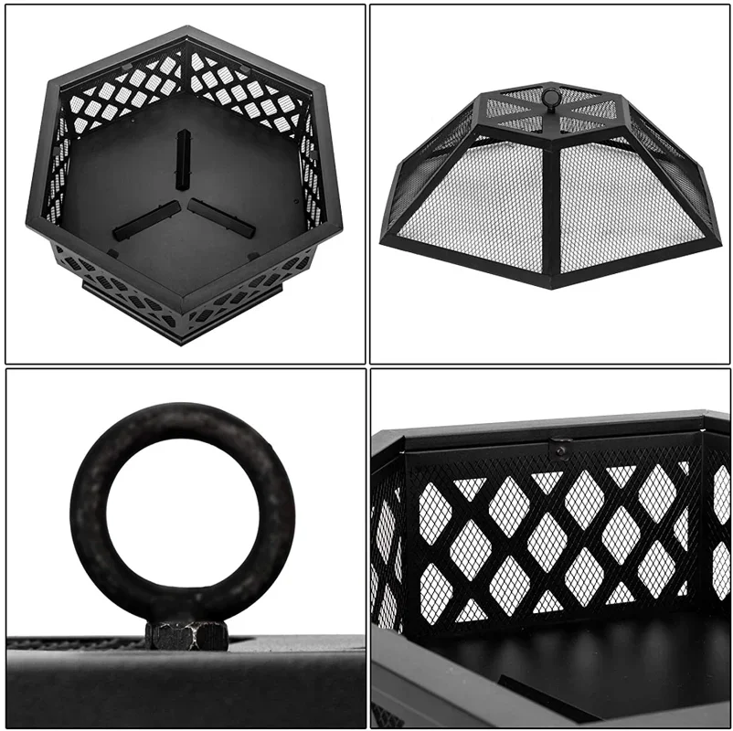 Portable Courtyard Metal Fire Pit 22" Hexagonal Shaped Iron Brazier Wood Burning Fire Pit Decoration for Backyard Poolside