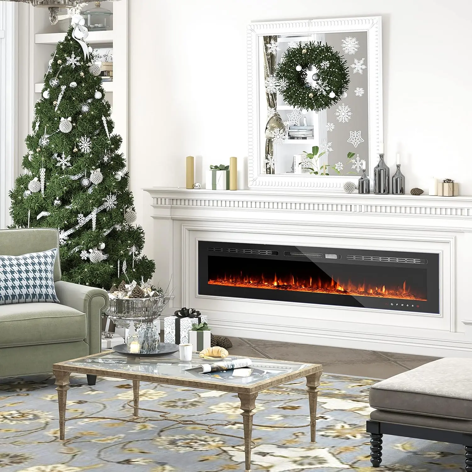 Fireplaces-60 Inch-Recessed and Wall Mounted Fireplace- Insert Heater LED Fire Place-Remote Control & Touch