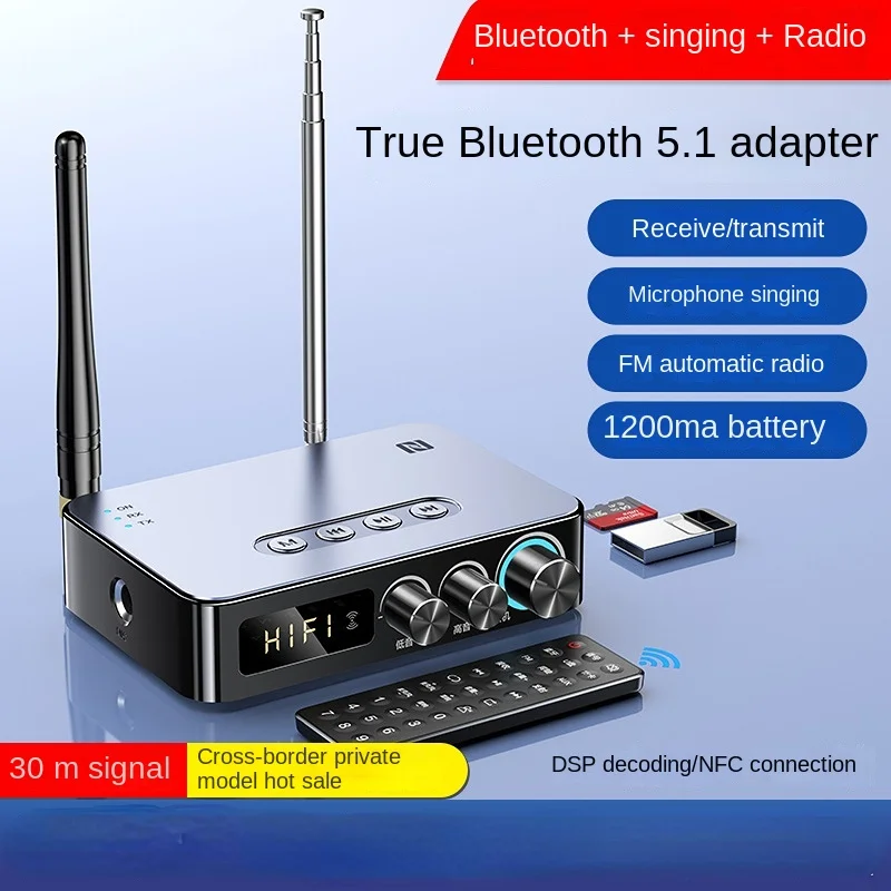 M9pro 5.1 Bluetooth ReceiverTransmitter FMRadio KSinging 4-in-1 NFC HiFi DSP Chip 3.5Aux TF Card USB Disk Audio Adapter