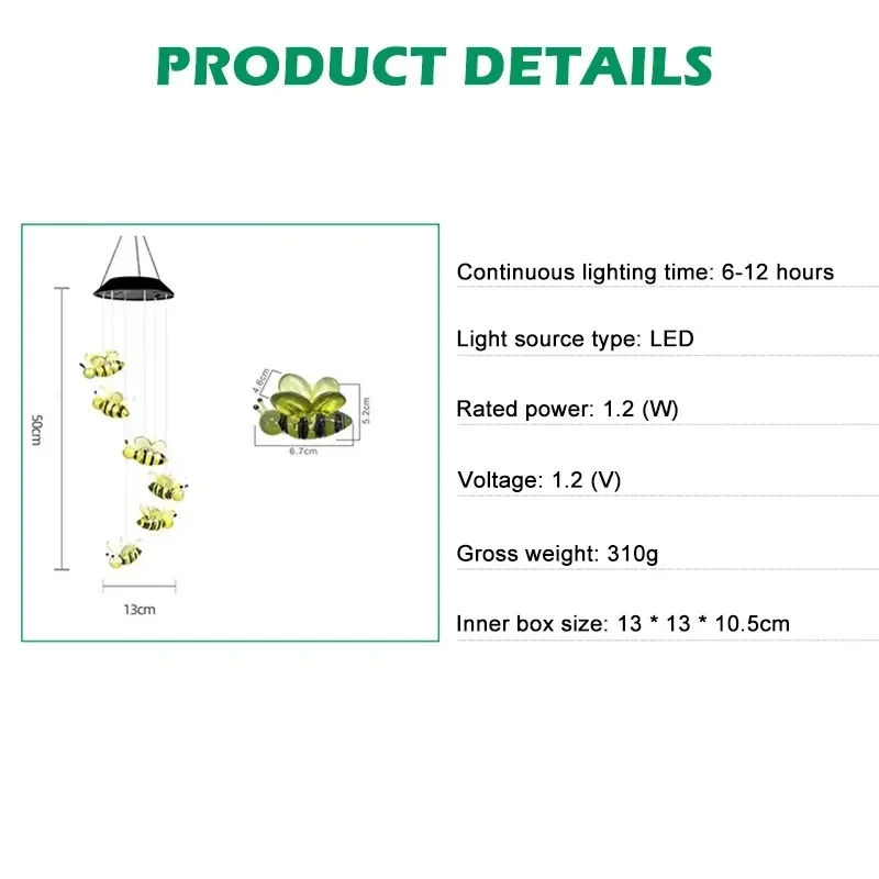 LED Wind Chime Light Colorful Bee Snowflake Wind Bell Solar Lamp for Bedroom Garden Decoration Party Atmosphere Decoration Light