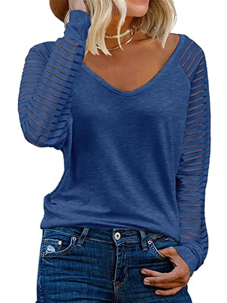 

Spring New Women Long Sleeve Striped T-Shirts Fashion Casual Loose Soild Color Tops V-neck Oversized Hollow Female Blouses