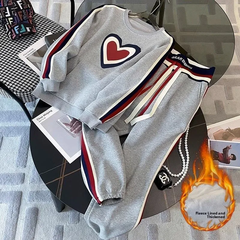 طقم ملابس رياضية كاجوال مبطن بالصوف للسيدات، سويت شيرت عصري مكون من قطعتين، ملابس شارع عصرية مقاس كبير