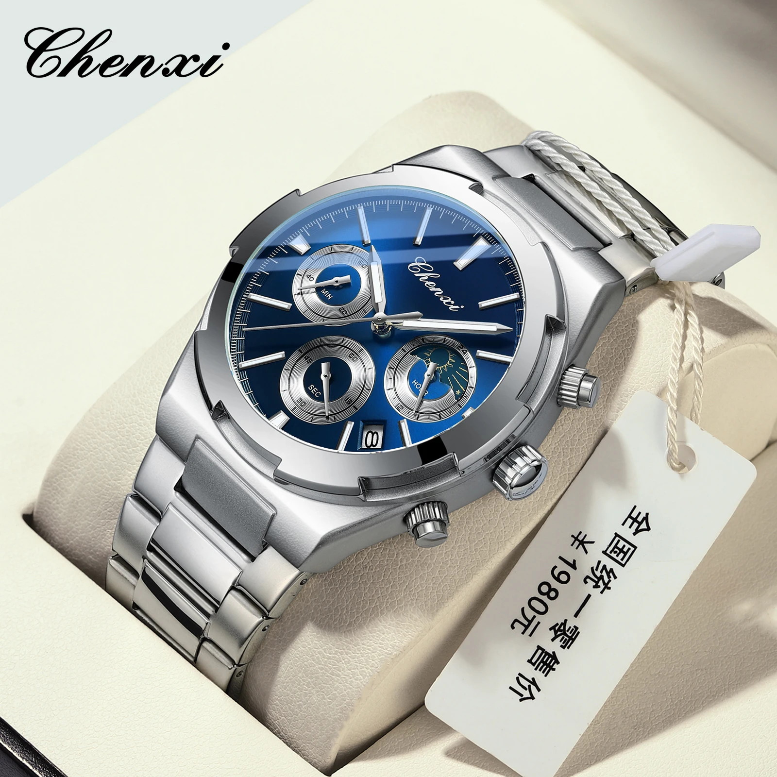 めめ✩‧₊˚ Chenxi 956 Luxury Watch For Man Elegant Date Week Moon Waterproof