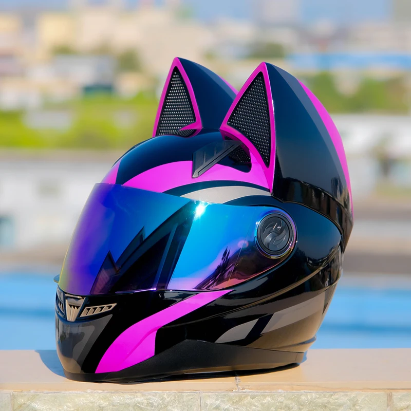 Casco de motocicleta con orejas de para hombre y mujer, de cabeza de cara completa, Original, de marca, color morado y negro, temporada de invierno _ - AliExpress Mobile