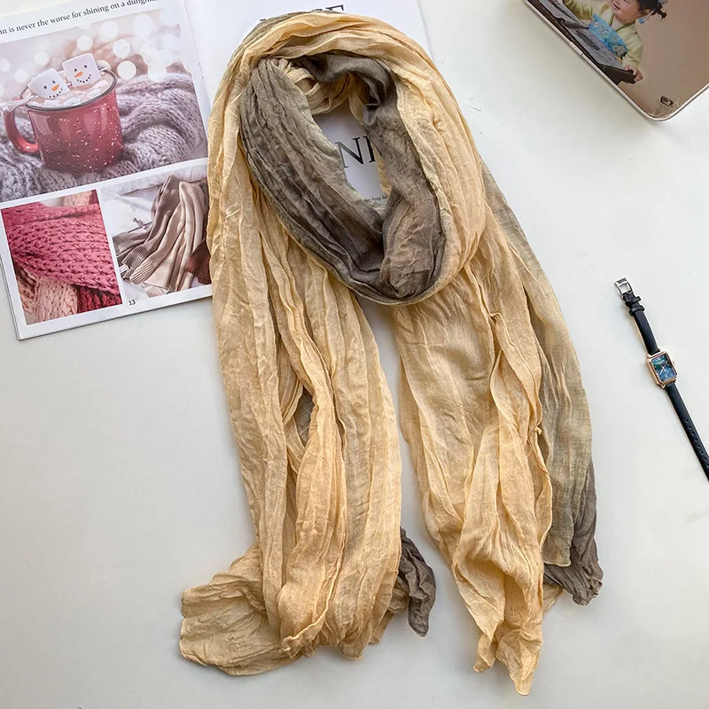 VREOVOR Retro Ethnischen Stil Schal Frauen Tie-dye Lange Falten Schrittweise Ändern Farbe Schal Koreanische Literarische Frische Baumwolle Seide – Detail 4